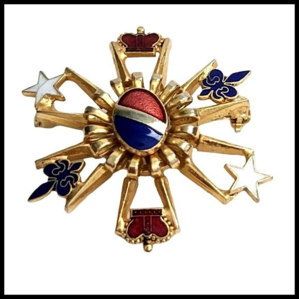 Vintage  Enamel Gold Tone Blue Fleur de Lis‎ Red Crown White Star Brooch Pin